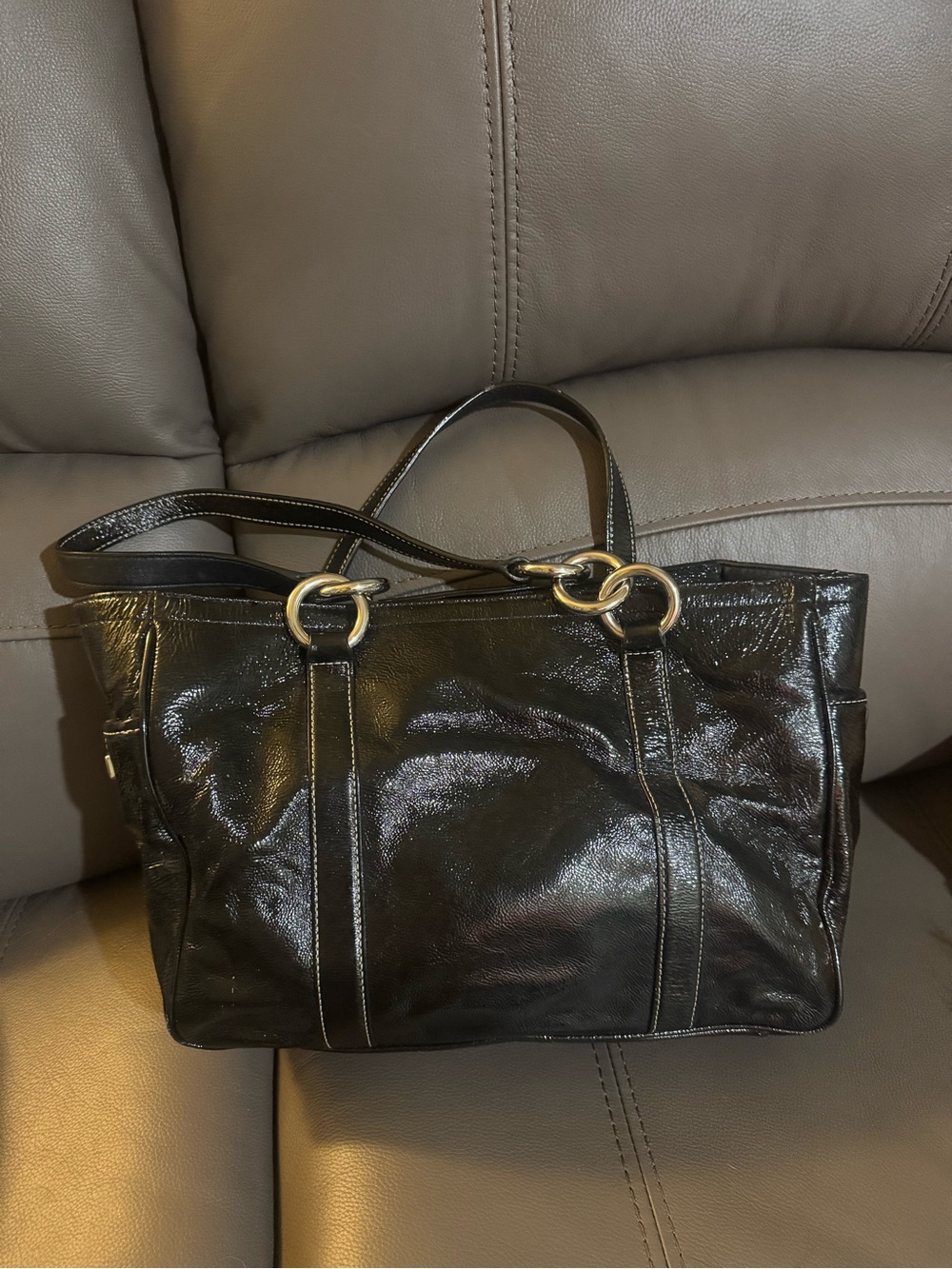 Classic shiny Black Leather Tote Bag with silver Hardware